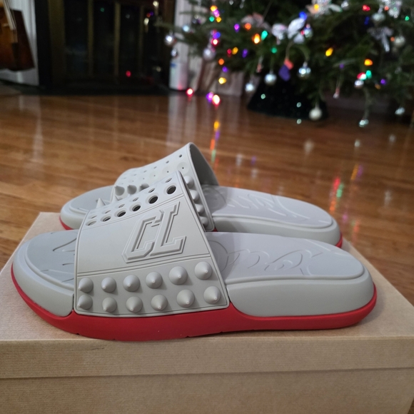 Christian Louboutin Gray Slide Sandals with Red Sole main image 5